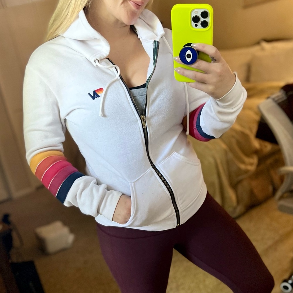 White Aviator Nation Rainbow Striped Zip-Up Hoodie “Malibu” S